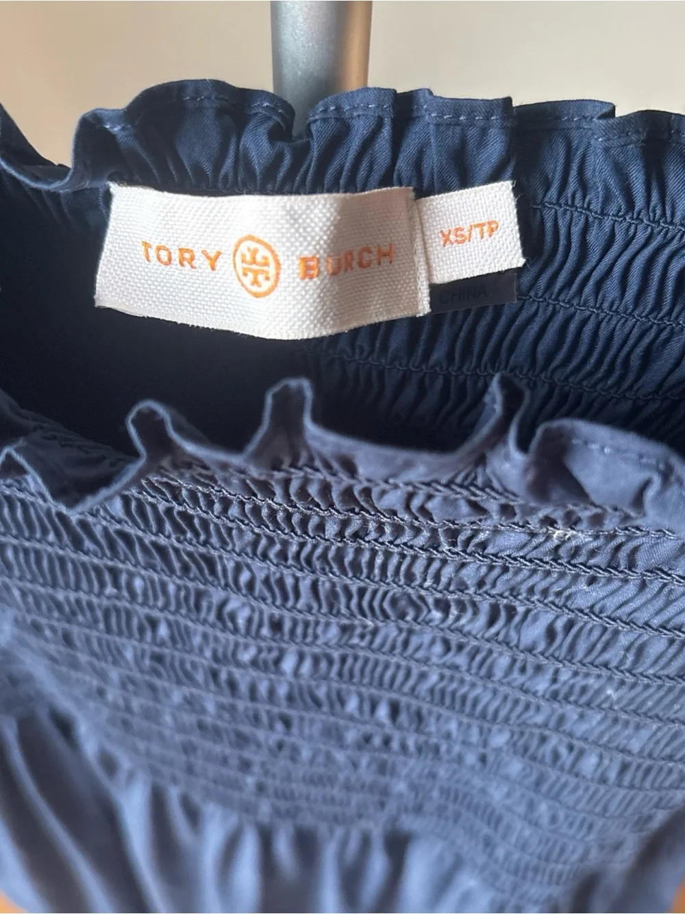 Tory Burch Smocked Puff-Sleeve Maxi Dress in Navy